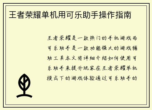 王者荣耀单机用可乐助手操作指南